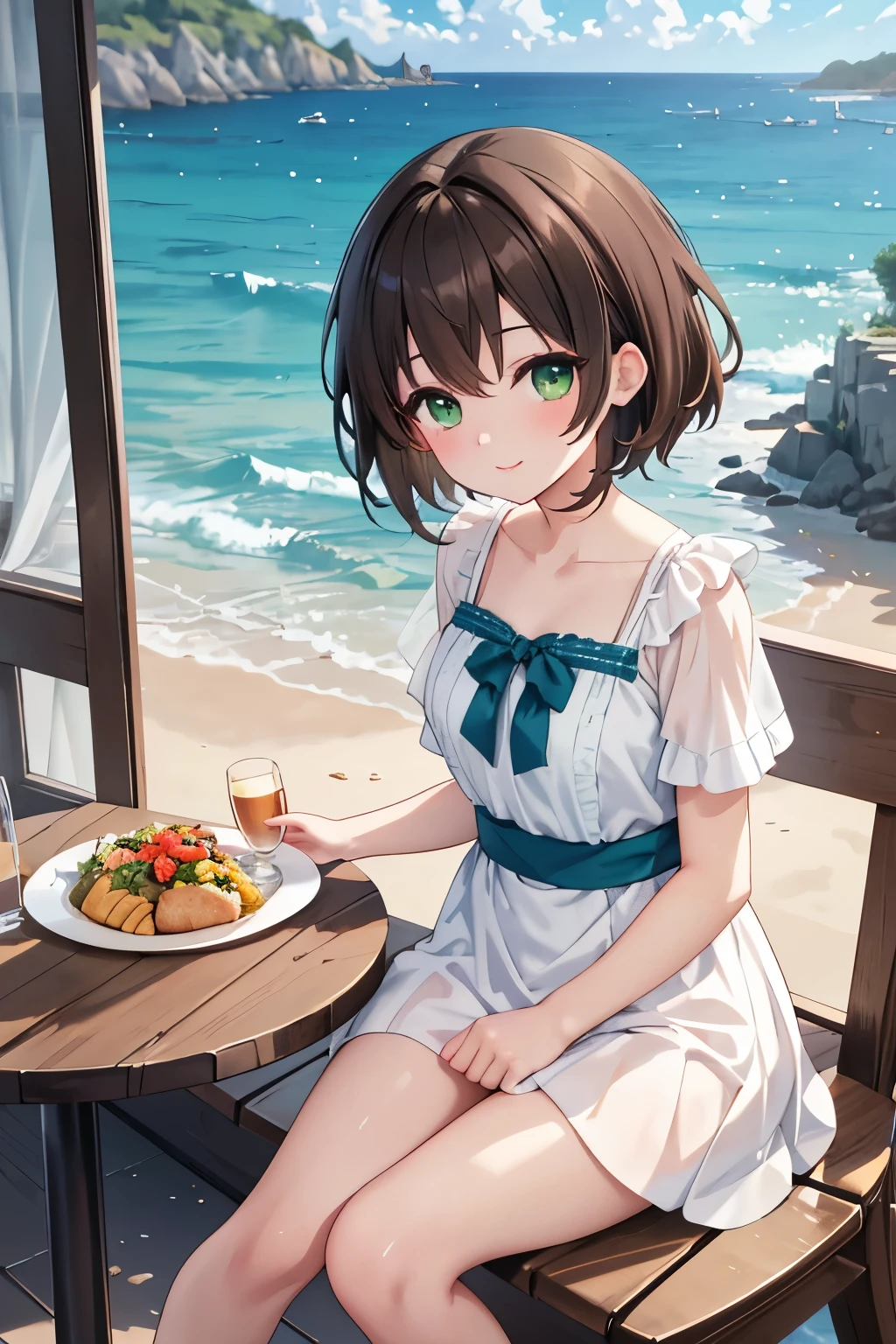 ((masterpiece, Highest quality, High resolution, 超High resolution, Pixel perfect, Written boundary depth, 4K, RTTX 10.0, High resolution))), 1 person, single, alone, Beautiful Anime, Beautiful art style, Anime characters, ((Shortcuts, bangs, Dark brown hair)), ((Green Eyes:1.4, Round eyes, Beautiful eyelashes, current eyes)), ((Smooth texture:0.75, Anime CG style)), ((Dynamic Angle, close)), Perfect body, (cute), Normal chest, whole body, ((4K, 8k, Highest quality, Perfect Fingers: 1.3, Perfect Anatomy: 1.3, Background Blur)), whole bodyアングル, An illustration of someone at a restaurant with a view of the sea., The character is dressed in a refreshing summer outfit, Sitting in the window seat, She gazes at the beautiful sea stretching out beyond the window, Enjoying a meal with a relaxed expression, Delicious food and drinks are lined up on the table, The blue sea and sky spread out in the background., Gentle waves are lapping at the shore