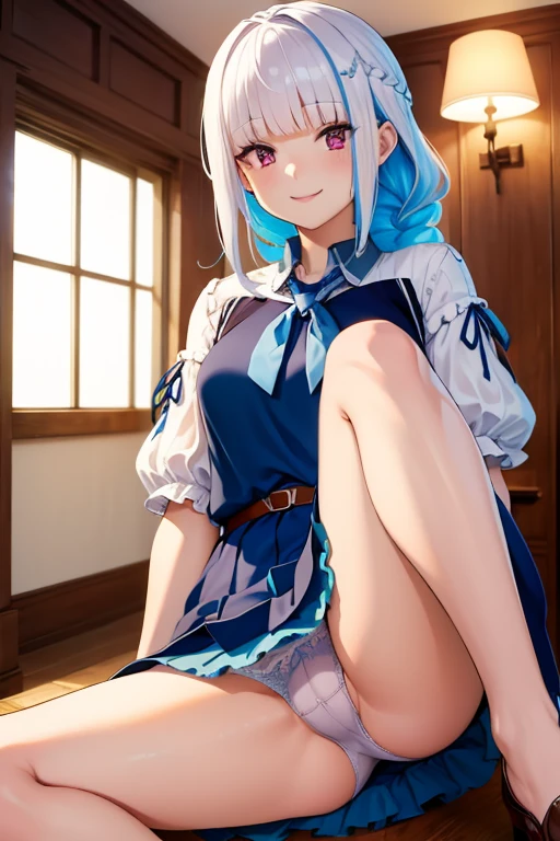 Highest quality, masterpiece，A seductive smile, Flip up the skirt,Spread your legs,Lace panties，French style braid, 