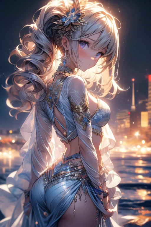 (masterpiece:1.5),ultra-detailed, 8K, High resolution, best quality, (depth of field:1.4), (super accurate anatomy:1.5),
(1girl), (solo), (cowboy shot), (super beautiful girl), (12years_old girl), , looking at viewer, platinum blonde hair, (High Side Ponytail), super long hair, purple eyes, fine detailed eyes, (medium bast), hair ornament, navel, _cleavage, bare_shoulders, jewelry,thighs, earrings, outdoors, detached sleeves, midriff, wide sleeves, necklace, stomach, crop top, thigh gap, crescent, veil, wading, gold trim, circlet, dancer, see-through, veil, bridal gauntlets, arabian clothes, armlet, thighlet, anklet, dancing, dancer,
