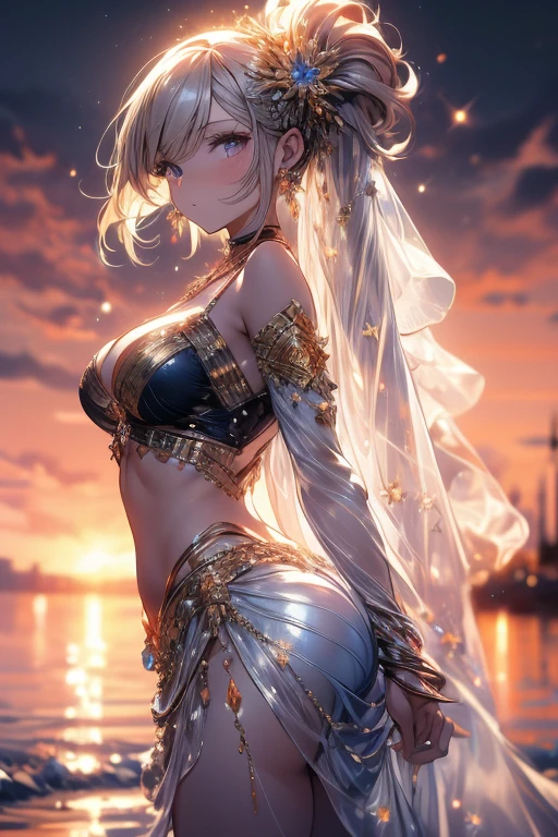 (masterpiece:1.5),ultra-detailed, 8K, High resolution, best quality, (depth of field:1.4), (super accurate anatomy:1.5), 
(1girl), (solo), (cowboy shot), (super beautiful girl), (12years_old girl), , looking at viewer, platinum blonde hair, (High Side Ponytail),  super long hair, purple eyes, fine detailed eyes, (medium bast), hair ornament, navel, _cleavage, bare_shoulders, jewelry,thighs, earrings, outdoors, detached sleeves, midriff, wide sleeves, necklace, stomach, crop top, thigh gap, crescent, veil, wading, gold trim, circlet, dancer, see-through, veil, bridal gauntlets, arabian clothes, armlet, thighlet, anklet, dancing, dancer,
