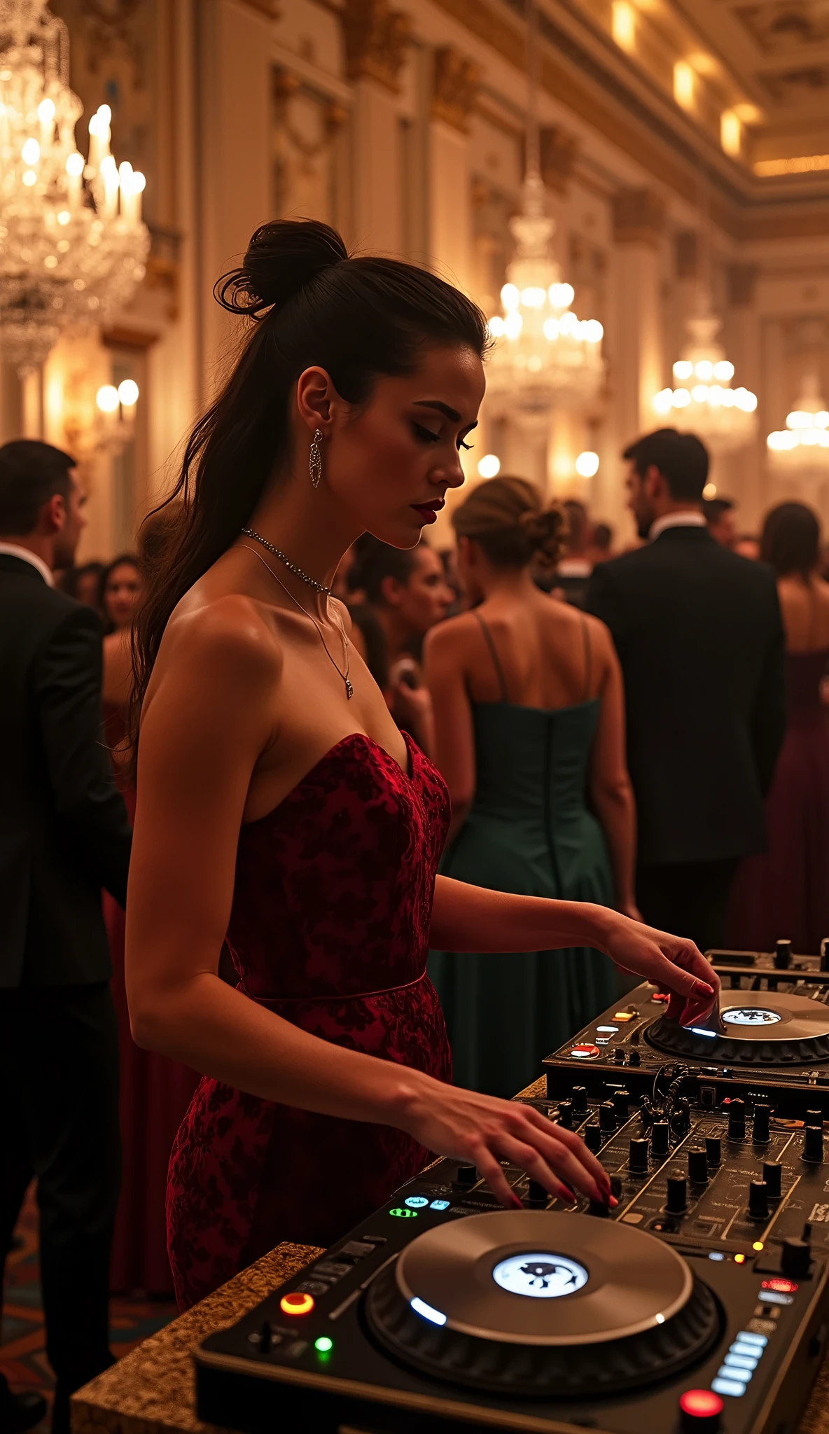 a crowd of formal guests at a baroque-style hall, a female DJ elegantly spinning tracks on baroque-style decks, beautiful detailed eyes, beautiful detailed lips, extremely detailed eyes and face, long eyelashes, formal attire, ornate decor, baroque architectural elements, chiaroscuro lighting, dramatic shadows, rich jewel-toned colors, intricate details, (best quality,4k,8k,highres,masterpiece:1.2),ultra-detailed,(realistic,photorealistic,photo-realistic:1.37),baroque,portrait,high-end
