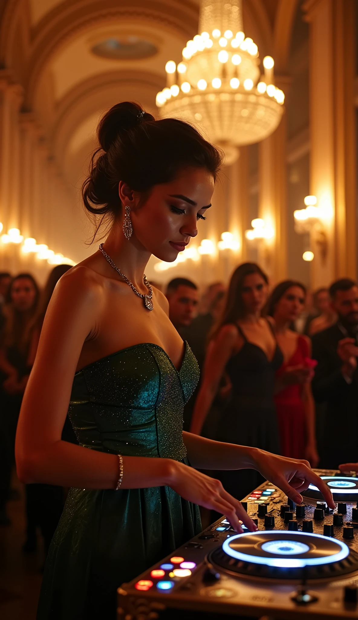 a crowd of formal guests at a baroque-style hall, a female DJ elegantly spinning tracks on baroque-style decks, beautiful detailed eyes, beautiful detailed lips, extremely detailed eyes and face, long eyelashes, formal attire, ornate decor, baroque architectural elements, chiaroscuro lighting, dramatic shadows, rich jewel-toned colors, intricate details, (best quality,4k,8k,highres,masterpiece:1.2),ultra-detailed,(realistic,photorealistic,photo-realistic:1.37),baroque,portrait,high-end