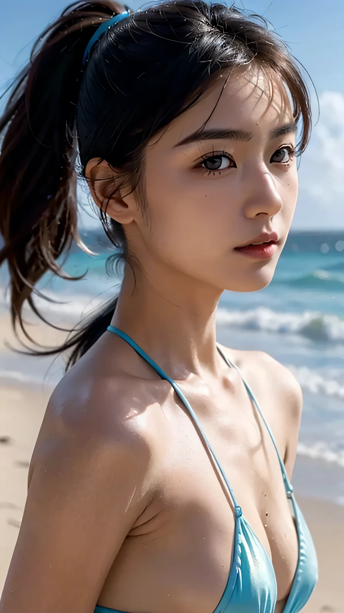body shot,micro bikini,outdoor,beach,Body in front,masutepiece, The highest image quality, High quality, the background is clear,Beautiful woman, Japanese, Detailed, Ultra-detailed, finely detail, hight resolution, 8K Wallpaper, Perfect dynamic composition, Beautiful detailed eyes ,Detailed eyes, Detailed skin, Beautiful skin, 超hight resolution, (reality: 1.4),Very beautiful woman, Slightly younger face, Beautiful skin, slender, (Ultra photo realsisim), (hight resolution), (8K), (Very detailed) (beautifully detailed eyes), (super detailed), (Detailed face), view the viewer, Fine details, Detailed face, Staring straight ahead, Staring straight ahead, photos realistic, Bright lighting, Professional Lighting, Black hair,poneyTail,a baby face,sixteen years old,Hairstyle: ponytail,Long ponytail hairstyle,slight smile,
