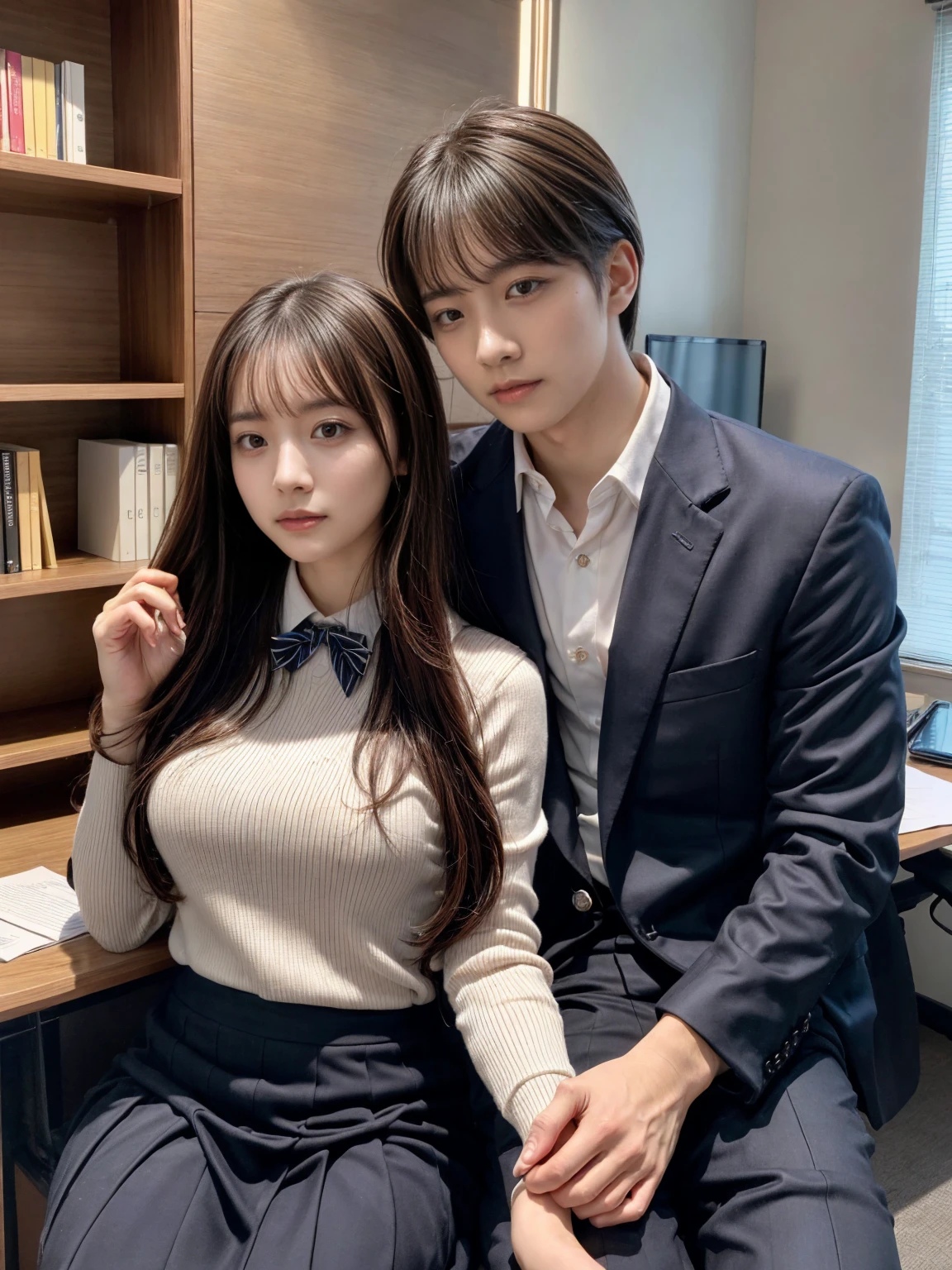 A handsome CEO with his beutiful girlfriend,who is on her highschool hot uniform romancing together with him in his luxury office at night.
While he carefully romantically falls down her hair., laege breasts