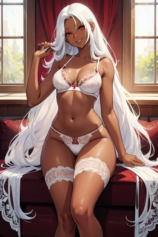 female, white long hair, red eyes, dark skin, (((1girl))), (((white lace bra))), (white lace panties), cute and sexy, full body, large breasts, long legs, smiling