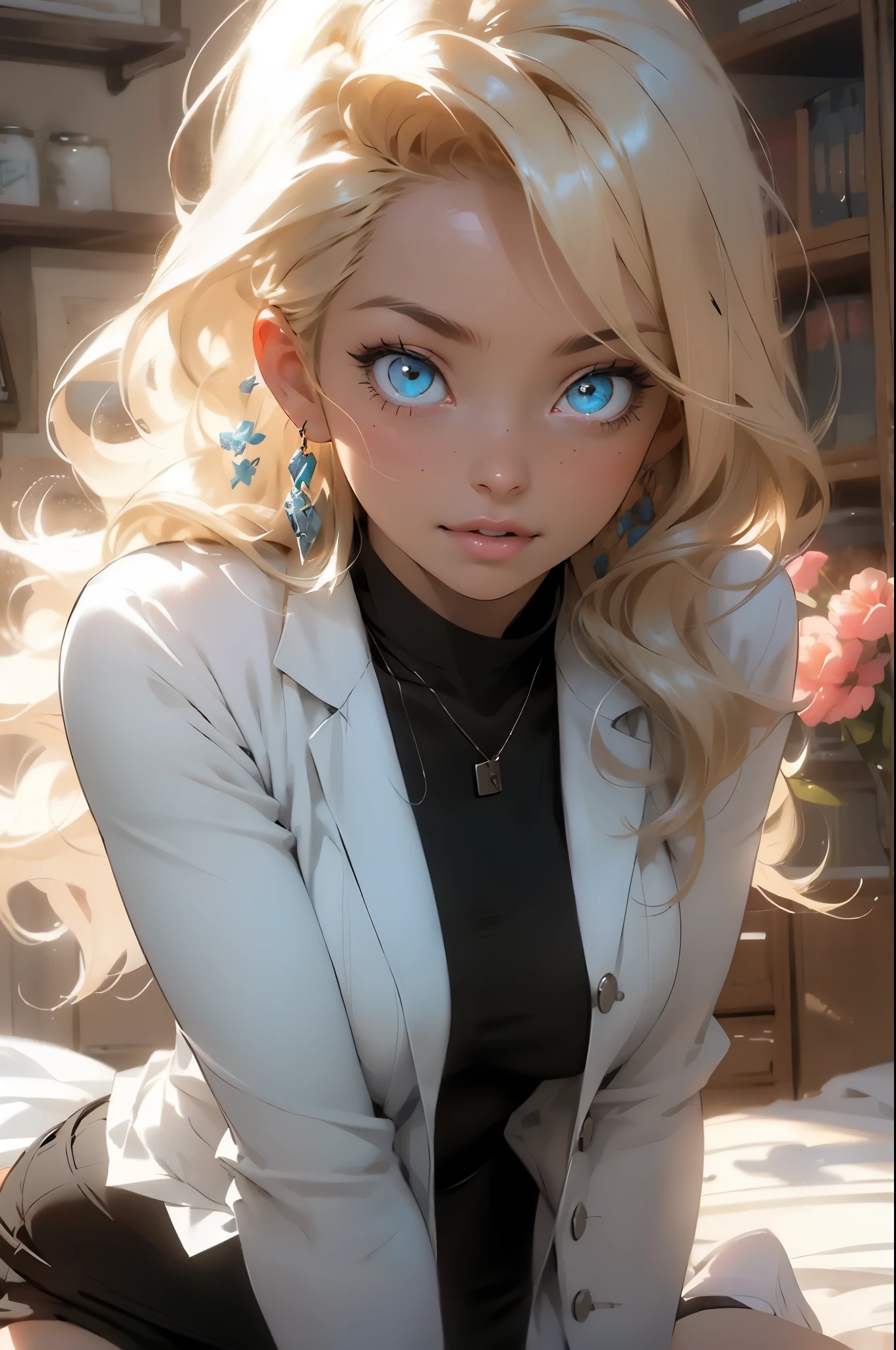 Melancholy lighting, Take it easy, calm, shine, masterpiece, best quality, 1 girl, (JinxLol: 1.2), (ultra photorealistic: 1.3), (masterpiece: 1.4), best quality, ((realistic)), high quality, Ultra Detailed, ((real image)), ((realistic skin)), ((realistic face)), (illustration: 1.05), (beautiful: 1.05), (beautiful detailed eyes: 1.05), (cinematic light: 1.1), full body, accurate proportions, 25-year old girl, CURVY model (wearing sexy lab coat), waves, BLOND hair fluttering in the wind, long legs, slightly open feet, butt, blushing, shyness, clavicle, abs, double texture, beautiful and delicate face, fair skin, real skin, (face detail), couples, super high res, 8k, parameters Best quality, masterpiece, super high res, (Realistic 2.0), more details, detailed skin, wide smile, white teeth, VOLUMINOUS GINGER BLONDIE hair, perfect and well-drawn eyes, girlfriend, cute, pretty, studio illumination, (modern laboratory surronding:1.2), ((PERFECT EVEN EYES:1.4))