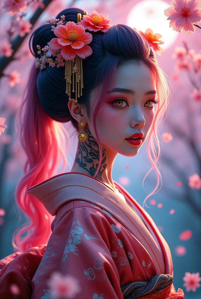 A vibrant and modern depiction of a geisha with a cyberpunk twist, standing amidst cherry blossoms. She has long, flowing hair dyed in multiple bright colors, including shades of red, pink, and blue, with some flowers delicately woven into her hair. Her eyes are golden and piercing, contrasting with her striking yellow and orange makeup. She is heavily tattooed, with intricate patterns covering her neck and parts of her face, giving her a unique and edgy appearance. Her attire is a traditional k