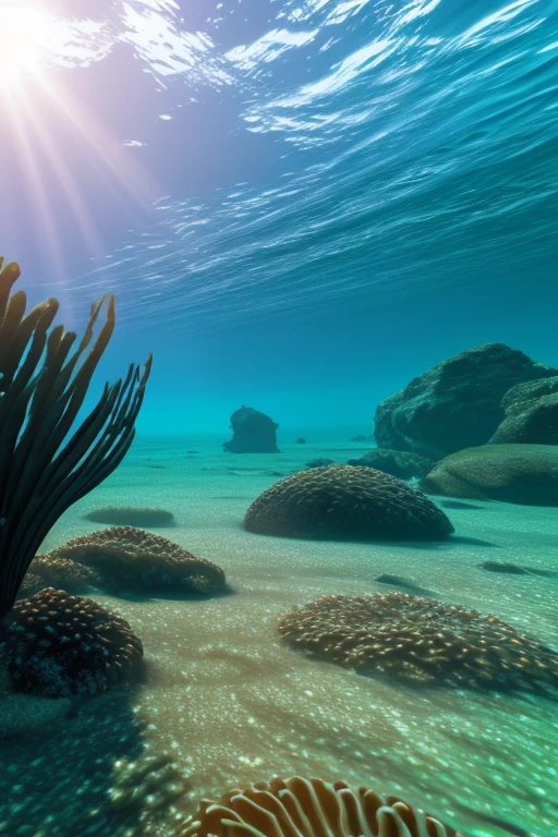 jellyfish, Underwater seascape, Crystal clear seawater, The sunlight shining on the waves, School of tropical fish, Vibrant marine life, Calm and tranquil underwater environment, Ultra-realistic, 8k, Realistic, Cinema Lighting, Stunning colors, masterpiece