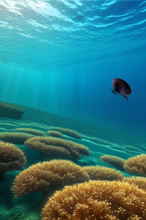 jellyfish, Underwater seascape, Crystal clear seawater, The sunlight shining on the waves, School of tropical fish, Vibrant marine life, Calm and tranquil underwater environment, Ultra-realistic, 8k, Realistic, Cinema Lighting, Stunning colors, masterpiece