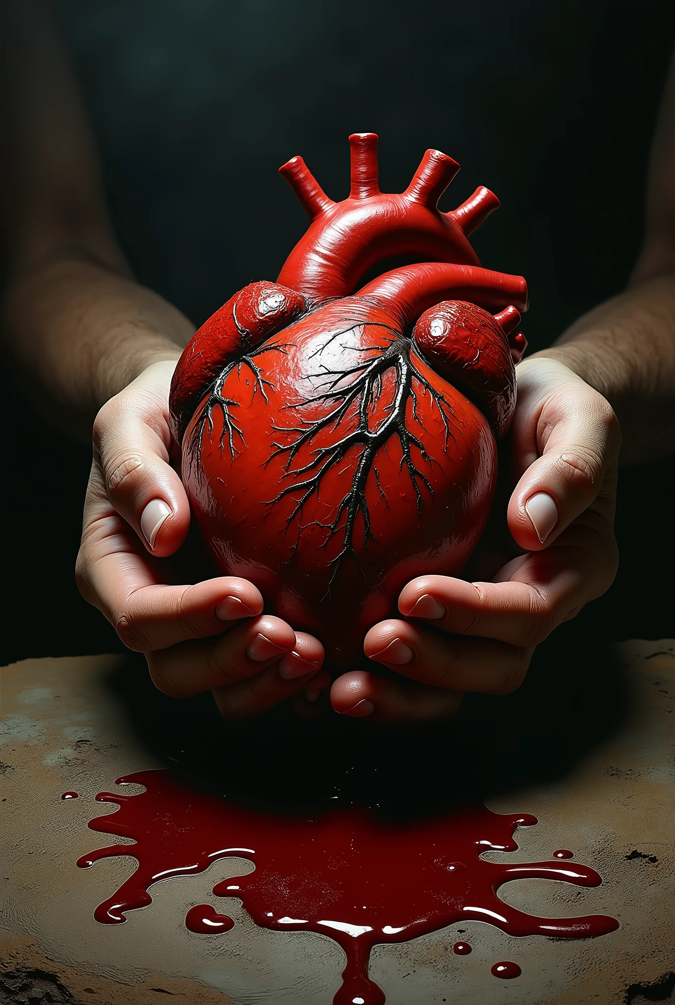 Create a hyper-realistic and dramatic image inspired by the dark, intense style of Caravaggio. The image features two hands holding a lifelike, bleeding human heart. The hands are illuminated from above, casting deep, dramatic shadows that emphasize the raw textures of the skin and the veins. The heart is depicted with vivid detail, showing the rich red color of fresh blood dripping from it, creating a sense of urgency and intensity. The background is dark and mysterious, with subtle, shadowy elements adding depth and a foreboding atmosphere. The lighting is stark, highlighting the tension in the scene and making the image feel both eerie and powerfully emotional, evoking themes of life, death, and sacrifice