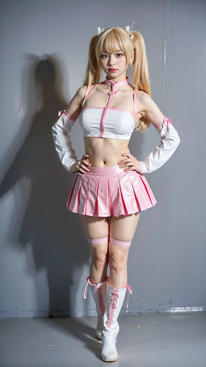 (8k、RAW Photos、Highest quality、masterpiece:1.2)、(Realistic、Realistic)、1 person、((White and pink、ribbon、Belly button、enamel、mini skirt、、Blonde、Twin tails、Breast enlargement、boots、Thin legs、whole body、View from the front、Looking into the camera、Stand with hands on hips))、cute