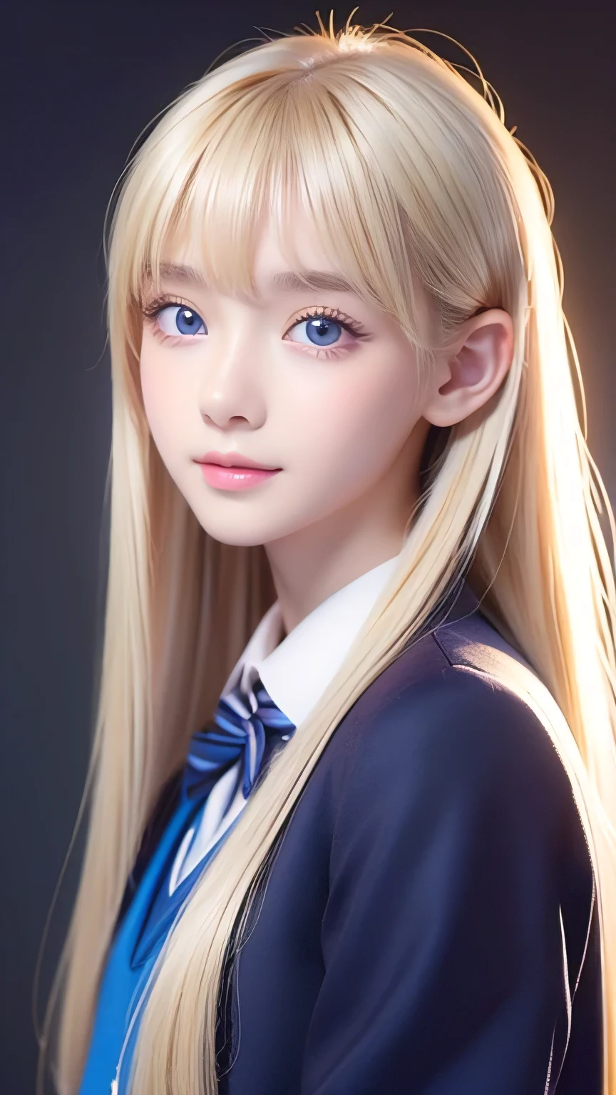 One unparalleled beautiful girl、Super long blonde hair, Beautiful and pretty bangs that fall between the eyes、Very beautiful face、Bright expression、Eyes as beautiful as a gemstone, a very bright blue., Bright, dazzling natural platinum blonde、Super long straight hair、Eyebrows behind the bangs、school uniform、School uniform、Textured white skin, High detail, Best Quality, 4K high resolution、Glowing Skin、Small Face Beauty、Round face