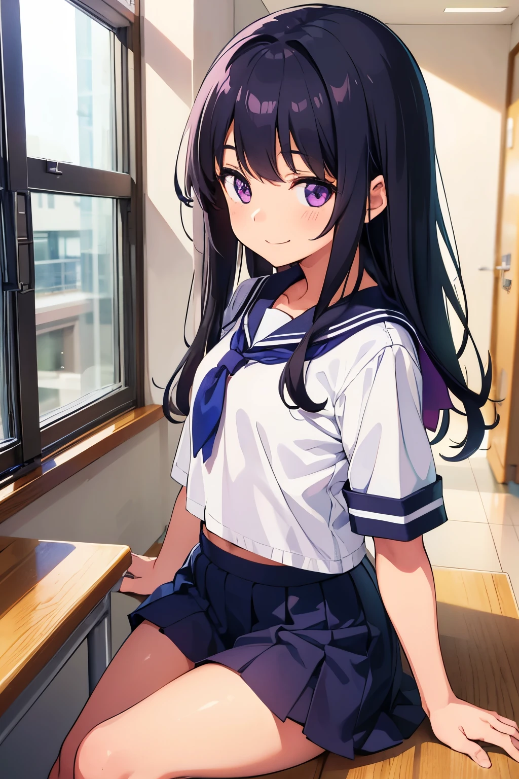 Girl's room Elementary school student, , toddler, flat chest, black hair, long hair, purple eyes smile White short-sleeved sailor uniform top Navy blue mini skirt White panties Girls' Shorts barefoot ((I can see her panties)) Sitting on the bed Dynamic angle Low angle