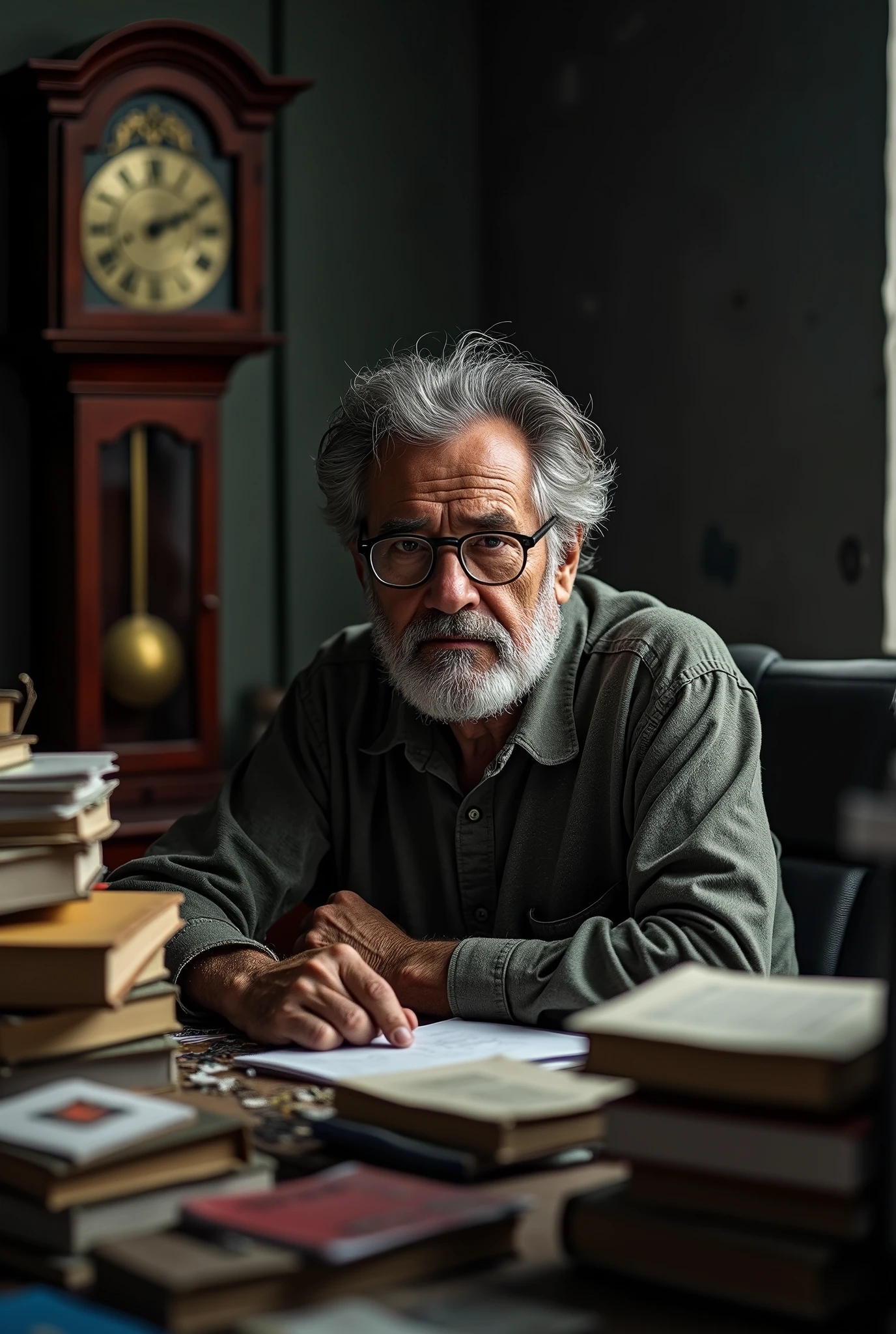 Create an image that portrays Eneas Cordeiro Filho, a middle-aged man with thinning gray hair, slightly disheveled. Ele tem uma barba curta e bem cuidada, but with evident gray hairs. Your face is marked by deep wrinkles, especially around the eyes and forehead, reflecting concern and tiredness. He is wearing thin-framed glasses and is wearing a dress shirt with rolled-up sleeves., with a loosened tie. Sitting at a messy desk, surrounded by books and notes, he looks at his hands with an expression of concern and melancholy, aware of the passing of time. Ao fundo, an old pendulum clock keeps time, creating a dark and introspective environment. The shadows around him are long and dark, suggesting the weight of the passage of time and the awareness that your ideas may never be completed, Even with all the effort.