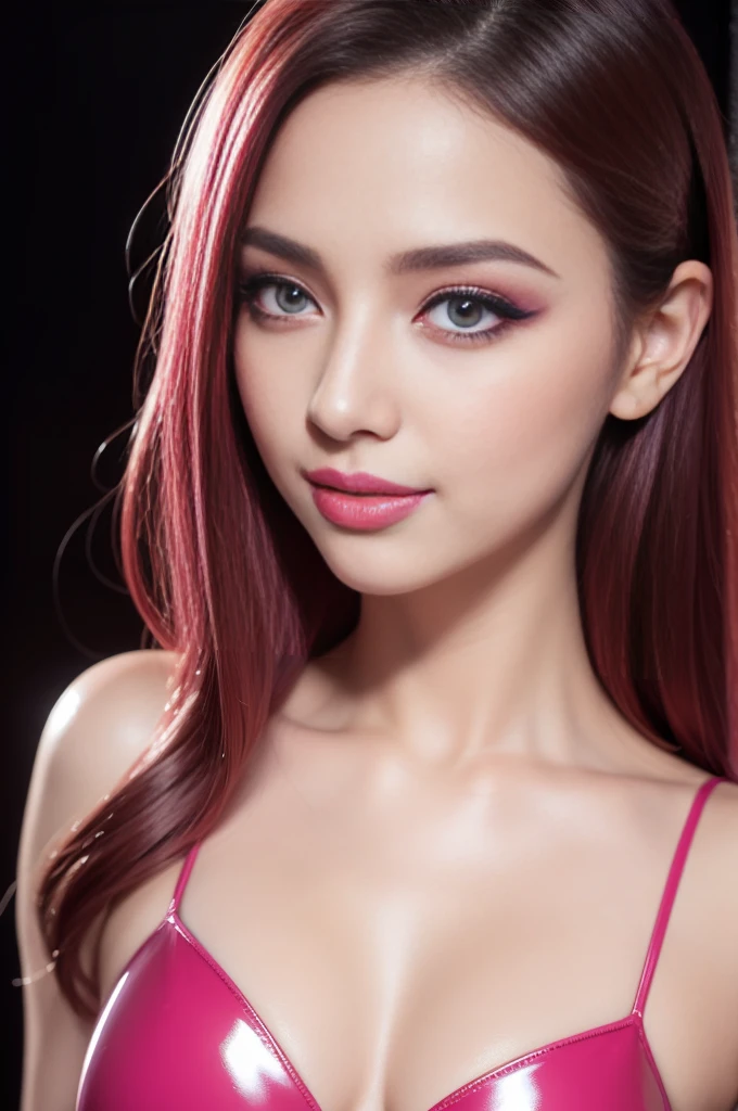 beautiful detailed eyes, beautiful detailed lips, extremely detailed eyes and face, long eyelashes, 1 girl, glossy lipstick, smiling face, defined eyebrows, natural makeup, eyelashes, full body, sheer latex dress, neon fuchsia, colorful hair, sexy stylish female idol, photorealistic, 8k, hyperdetailed, chiaroscuro lighting, dramatic colors, cinematic, high fashion, glamorous