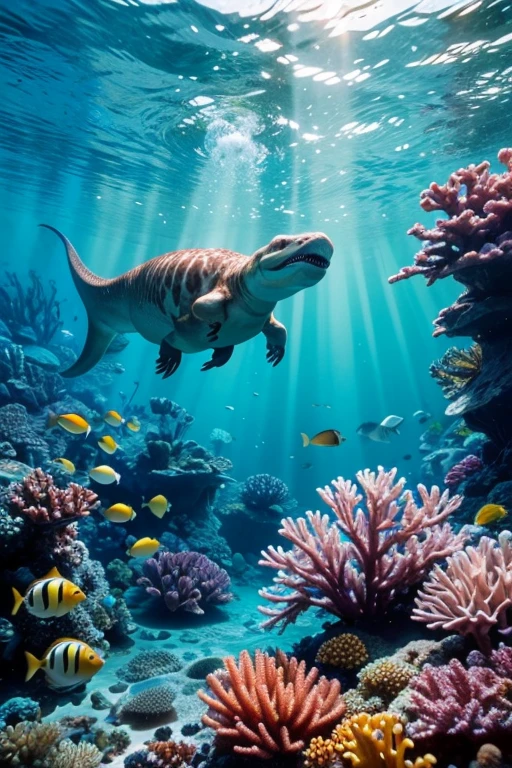 dinosaur, Coral Reef, Underwater seascape, Crystal clear seawater, The sunlight shining on the waves, School of tropical fish, Vibrant marine life, Calm and tranquil underwater environment, Ultra-realistic, 8k, Realistic, Cinema Lighting, Stunning colors, masterpiece