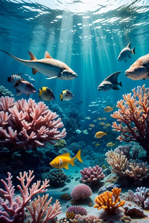 dinosaur, Coral Reef, Underwater seascape, Crystal clear seawater, The sunlight shining on the waves, School of tropical fish, Vibrant marine life, Calm and tranquil underwater environment, Ultra-realistic, 8k, Realistic, Cinema Lighting, Stunning colors, masterpiece