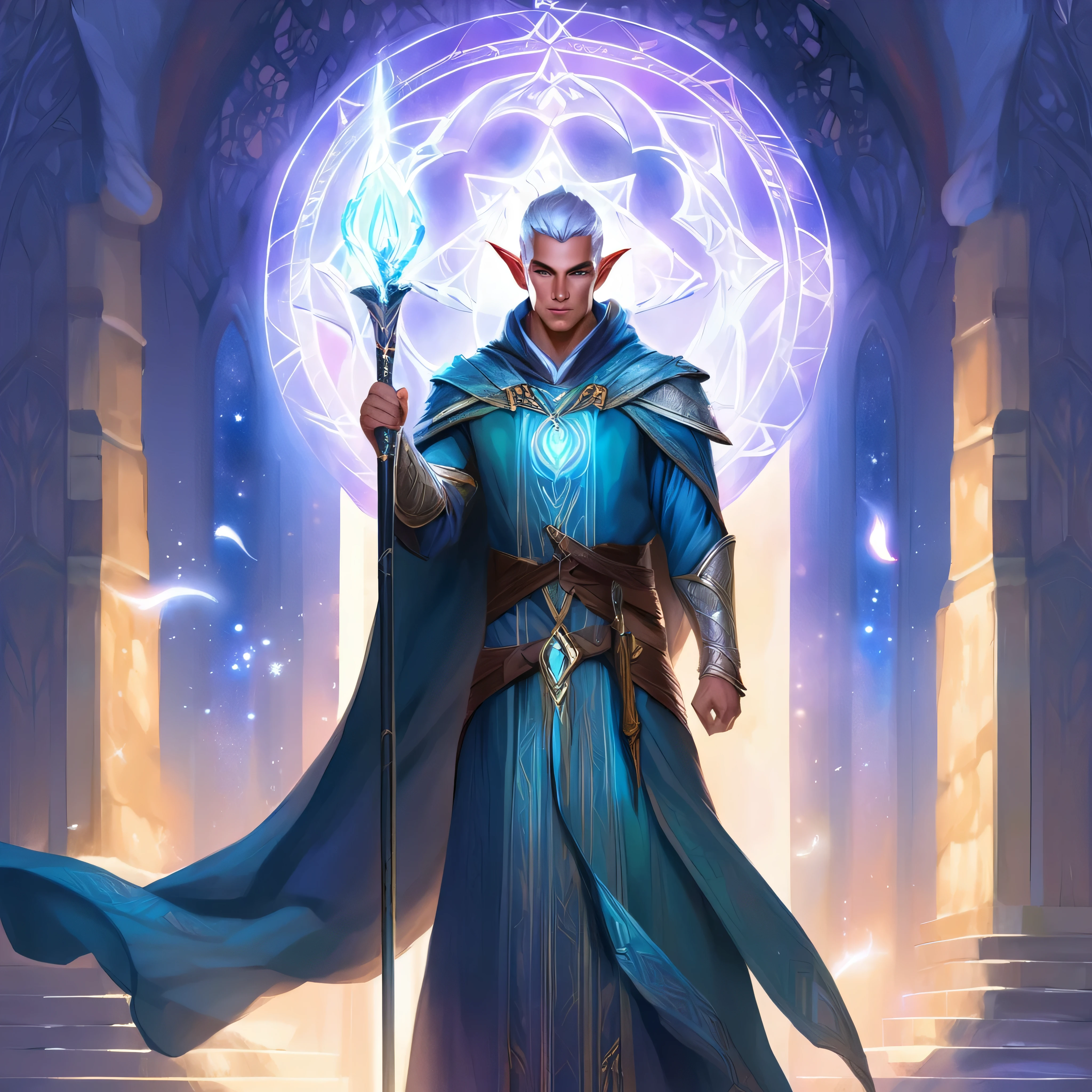 ethereal fantasy concept art of  a brave elf dnd male sorcerer. magnificent, celestial, ethereal, painterly, epic, majestic, magical, fantasy art, cover art, dreamy, full body shot,  staff in right hand, surrounded by runes of light, clean shaven