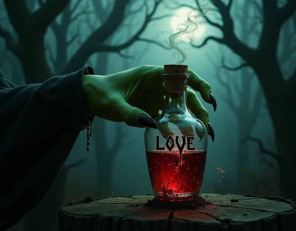  a green hand of a hag, long fingernails, black fingernails, holding a bottle with red liquid written "LOVE" mists rise from the bottle