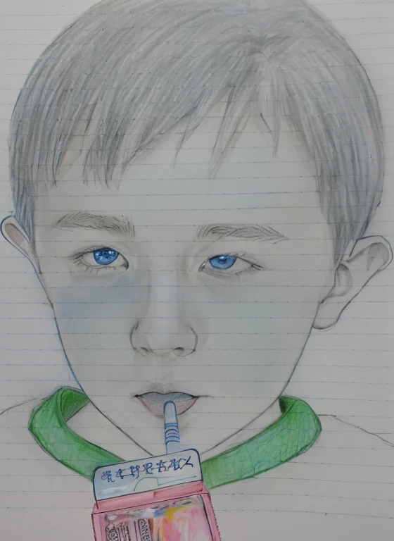 Drawing of a boy with blue eyes and a white shirt, Colored pencil sketch, a Colored pencilスケッチ, Colored pencilスケッチ, Color painting, Colored pencilスケッチ, Cute realistic portrait, 紙にColored pencil, Close-up portrait, Soft Portrait, Colored pencil, Color Portrait, Colored pencil, Expressionless boy, Blue eyes and wide face, Medium close-up portrait、Holding the chin with both handaking funny faces to make people laugh