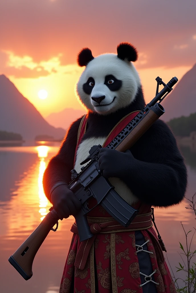 In the evening at the lake, from Kung Fu Panda, holds an M16 rifle (masterpiece, superior quality, composition parfaite, high aesthetics, non rationnel, extremely detailed, complexe, professionnel, art traditionnel, representative work : 1.3)