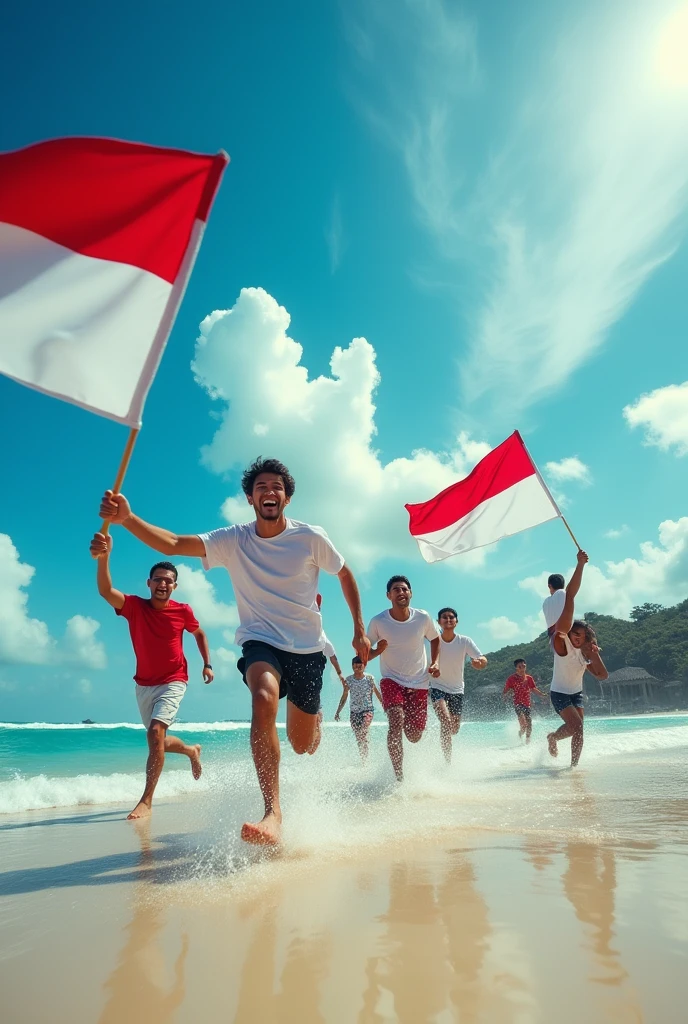 A stunning cinematic photo capturing a group of energetic young man running on a pristine beach. They are waving the Indonesian flags - red and white colors prominently displayed. The sky is a vibrant blue with wisps of white clouds, and the ocean is a deep, captivating turquoise. In the background, you can see a traditional Indonesian structure, adding a touch of cultural heritage to the scene. The overall feeling is one of unity, joy, and celebration., cinematic, photo. Shot with Sony A7R IV, 28mm lens, vivid colours