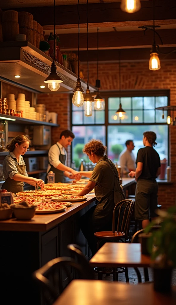 A cozy small-town pizza shop interior in the evening. The shop is busy with staff making pizzas. The counter has various pizza boxes and ingredients. The atmosphere is warm and bustling