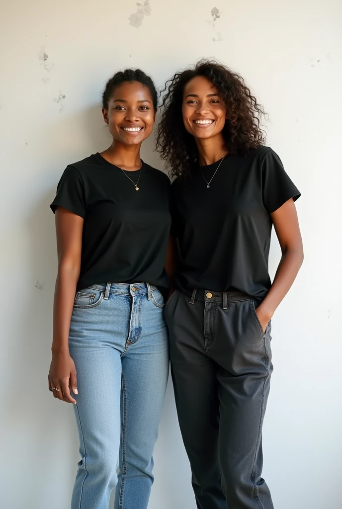 Create a split-image of the same brown skinned woman shown side by side against a plain white background to illustrate a before and after transformation. In the 'before' image on the left, depict the woman as shorter and wearing a plain black T-shirt and jeans. In the 'after' image on the right, show the same woman taller, wearing the same black T-shirt but with casual pants instead. Both images should have the woman smiling and looking directly at the camera, with a noticeable difference in height but less difference in presence. On both pictures having a small tattoo on her upper chest, the tattoo she have on her upper chest on both pictures looking completely the same, creat a gap between the two pictures. The background should be minimalist with natural lighting, the background walls having a messed up stains on it, the wall having dark grey color, the walls on both sides looking the same without any difference, highlighting the transformation