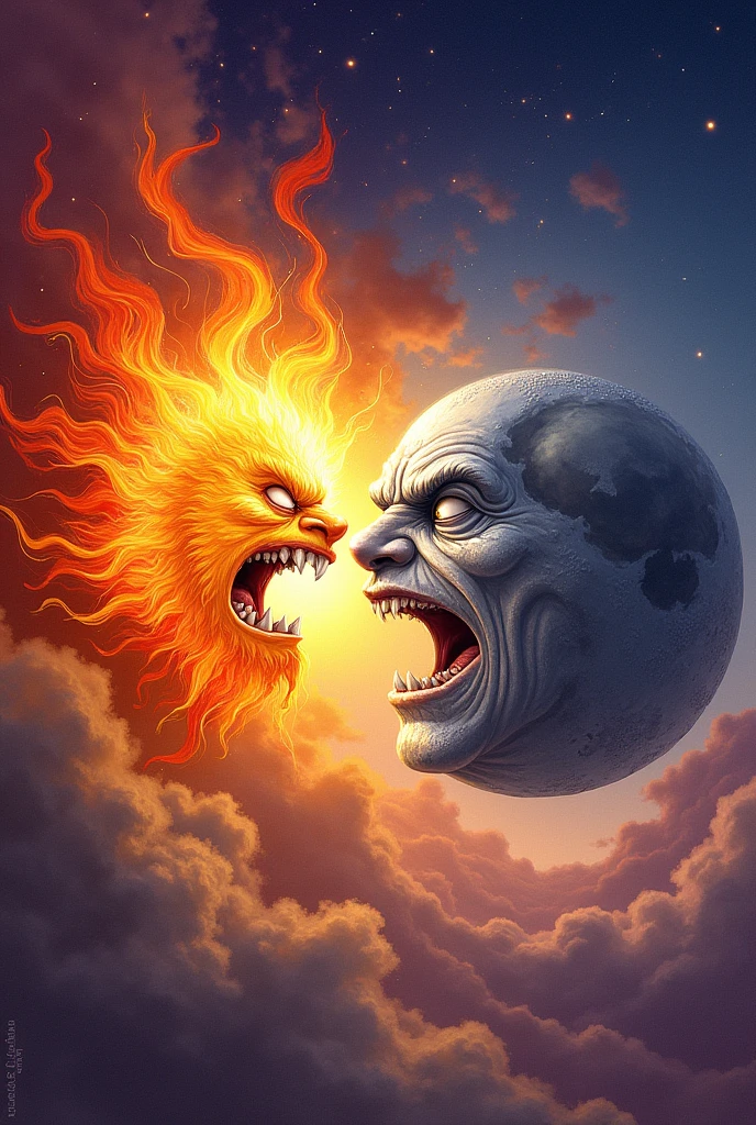 drawing style of sun and moon fighting and angry