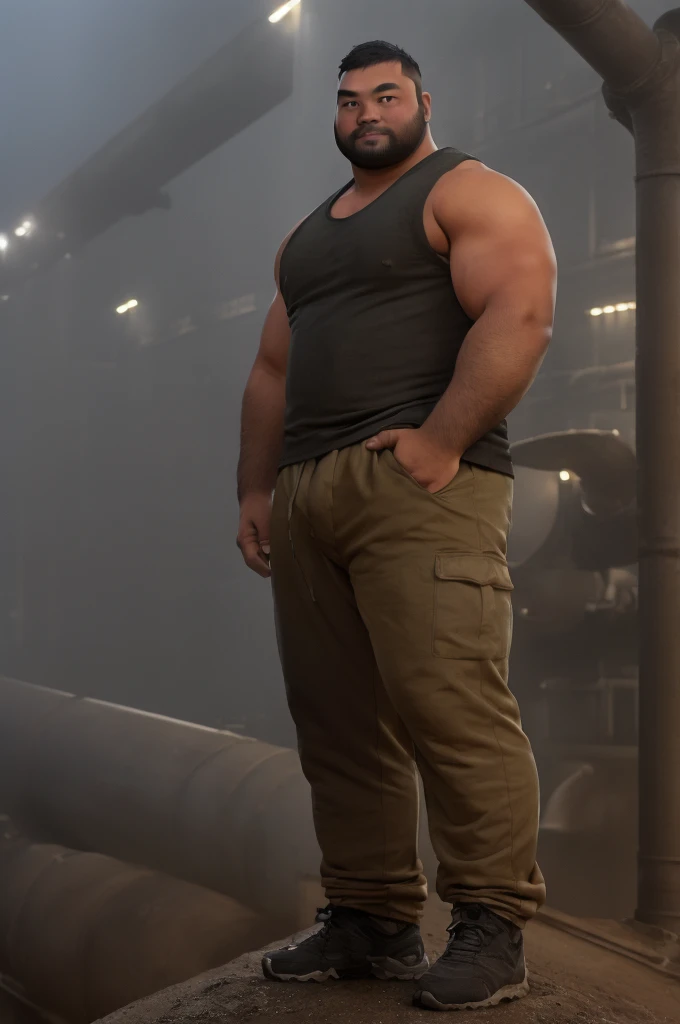 ((upper body:1.5)) 1boy stands in the center,short hair,asians,stubble,fat,he is located in a misty industrial pipe,with a lot of tall buildings and big road,He's shirtless showing his hairy body and wearing a sweatpants,reflected in the dusty dark and misty industrial pipe,bear style bearstyle,