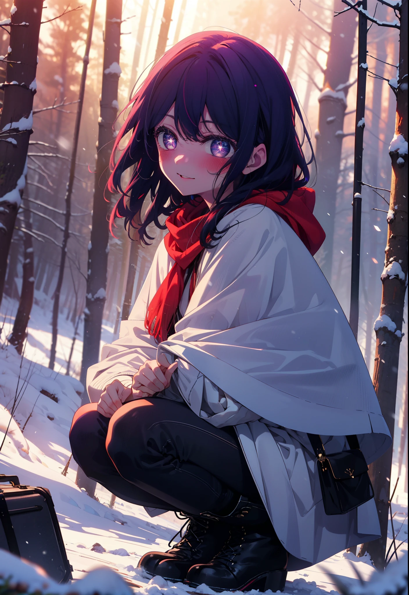 aihoshino, Ai Hoshino, Long Hair, bangs, (Purple eyes:1.1), Purple Hair, (Symbol-shaped pupil:1.5), smile,,smile,blush,white breath,
Open your mouth,snow,Ground bonfire, Outdoor, boots, snowing, From the side, wood, suitcase, Cape, Blurred, , forest, White handbag, nature, Squat, Mouth closed, Cape, winter, Written boundary depth, Black shoes, red Cape break looking at viewer, Upper Body, whole body, break Outdoor, forest, nature, break (masterpiece:1.2), Highest quality, High resolution, unity 8k wallpaper, (shape:0.8), (Beautiful and beautiful eyes:1.6), Highly detailed face, Perfect lighting, Highly detailed CG, (Perfect hands, Perfect Anatomy),