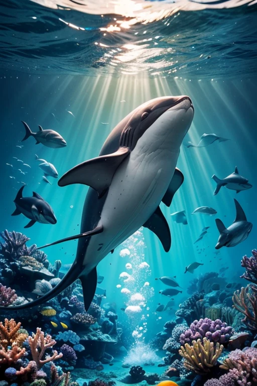 a majestic whale, a powerful shark, a graceful dolphin, a fierce orca, a sleek seal, a tuna fish, a marlin, a sea lion, a coral reef, underwater seascape, crystal clear ocean water, shimmering sunlight rippling on the waves, schools of tropical fish, vibrant marine life, serene and tranquil undersea environment, ultra-realistic, 8k, photorealistic, cinematic lighting, stunning colors, masterpiece