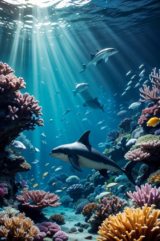 a majestic whale, a powerful shark, a graceful dolphin, a fierce orca, a sleek seal, a tuna fish, a marlin, a sea lion, a coral reef, underwater seascape, crystal clear ocean water, shimmering sunlight rippling on the waves, schools of tropical fish, vibrant marine life, serene and tranquil undersea environment, ultra-realistic, 8k, photorealistic, cinematic lighting, stunning colors, masterpiece
