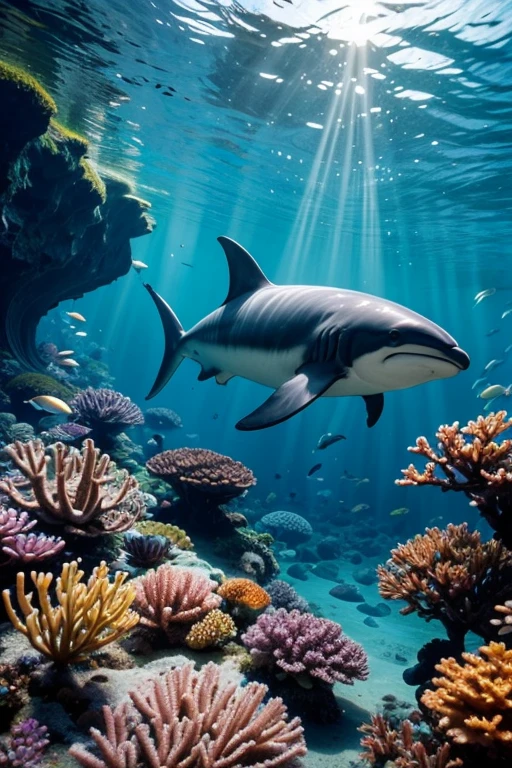 a majestic whale, a powerful shark, a graceful dolphin, a fierce orca, a sleek seal, a tuna fish, a marlin, a sea lion, a coral reef, underwater seascape, crystal clear ocean water, shimmering sunlight rippling on the waves, schools of tropical fish, vibrant marine life, serene and tranquil undersea environment, ultra-realistic, 8k, photorealistic, cinematic lighting, stunning colors, masterpiece