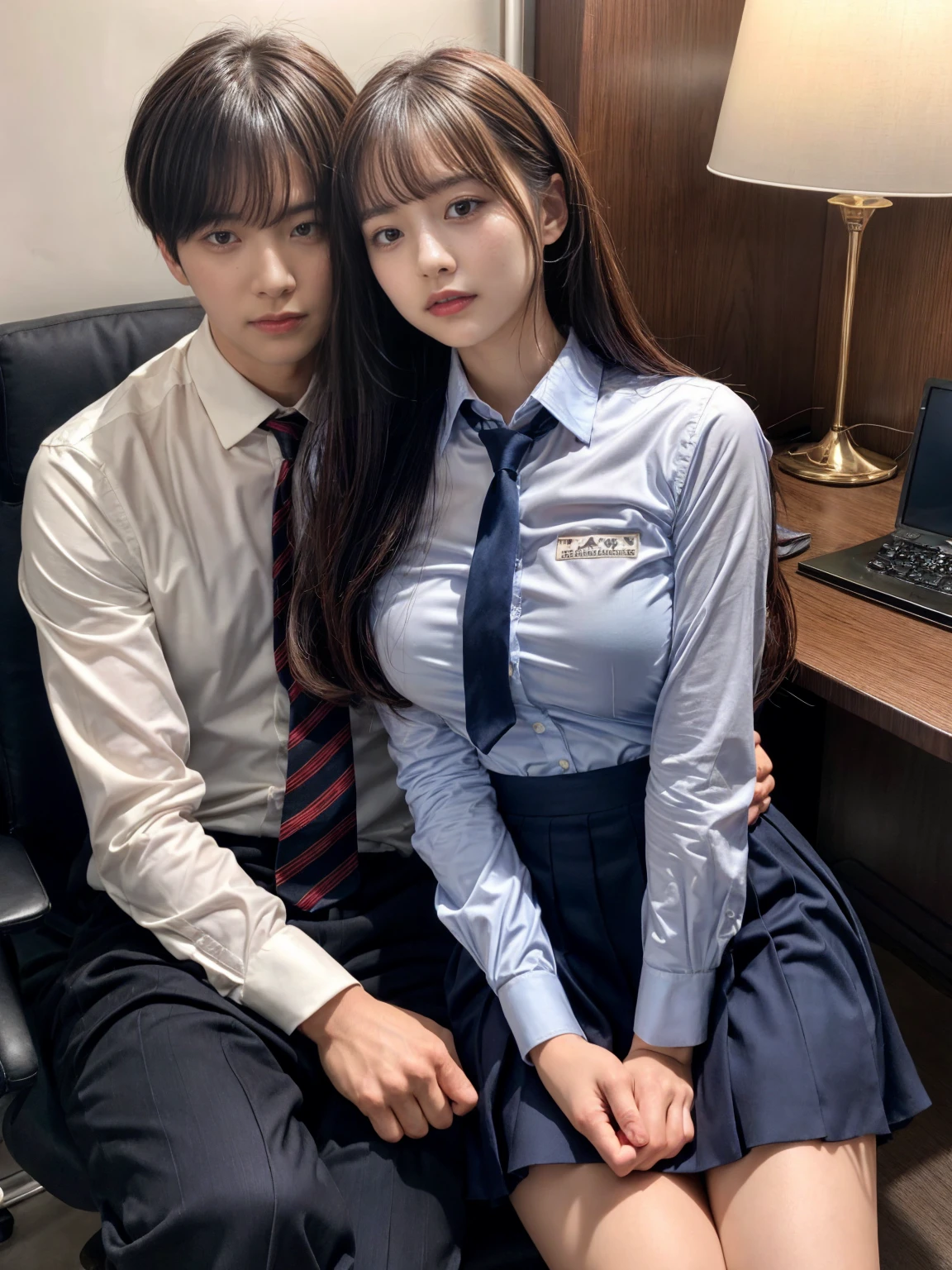 A handsome CEO with his beutiful girlfriend,who is on her highschool hot uniform romancing together with him in his luxury office at night.
While he carefully romantically falls down her hair., laege breasts