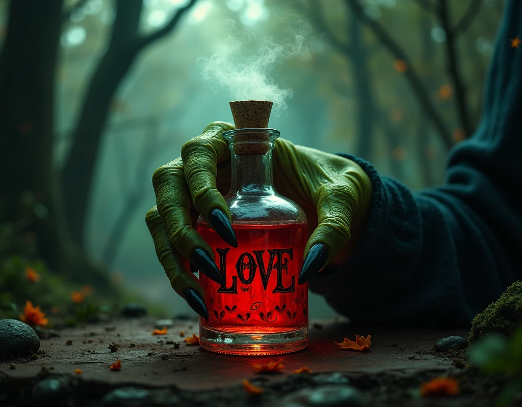  a green hand of a hag, long fingernails, black fingernails, holding a bottle with red liquid written "LOVE" mists rise from the bottle