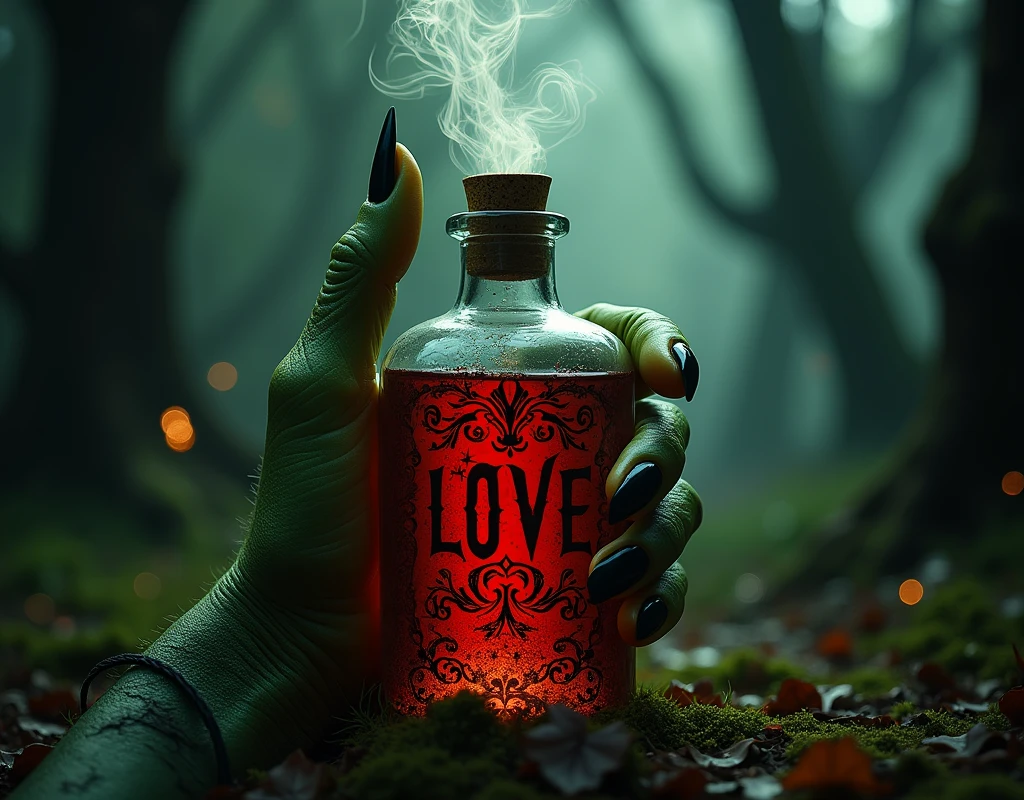 a green hand of a hag, long fingernails, black fingernails, holding a bottle with red liquid written "LOVE" mists rise from the bottle