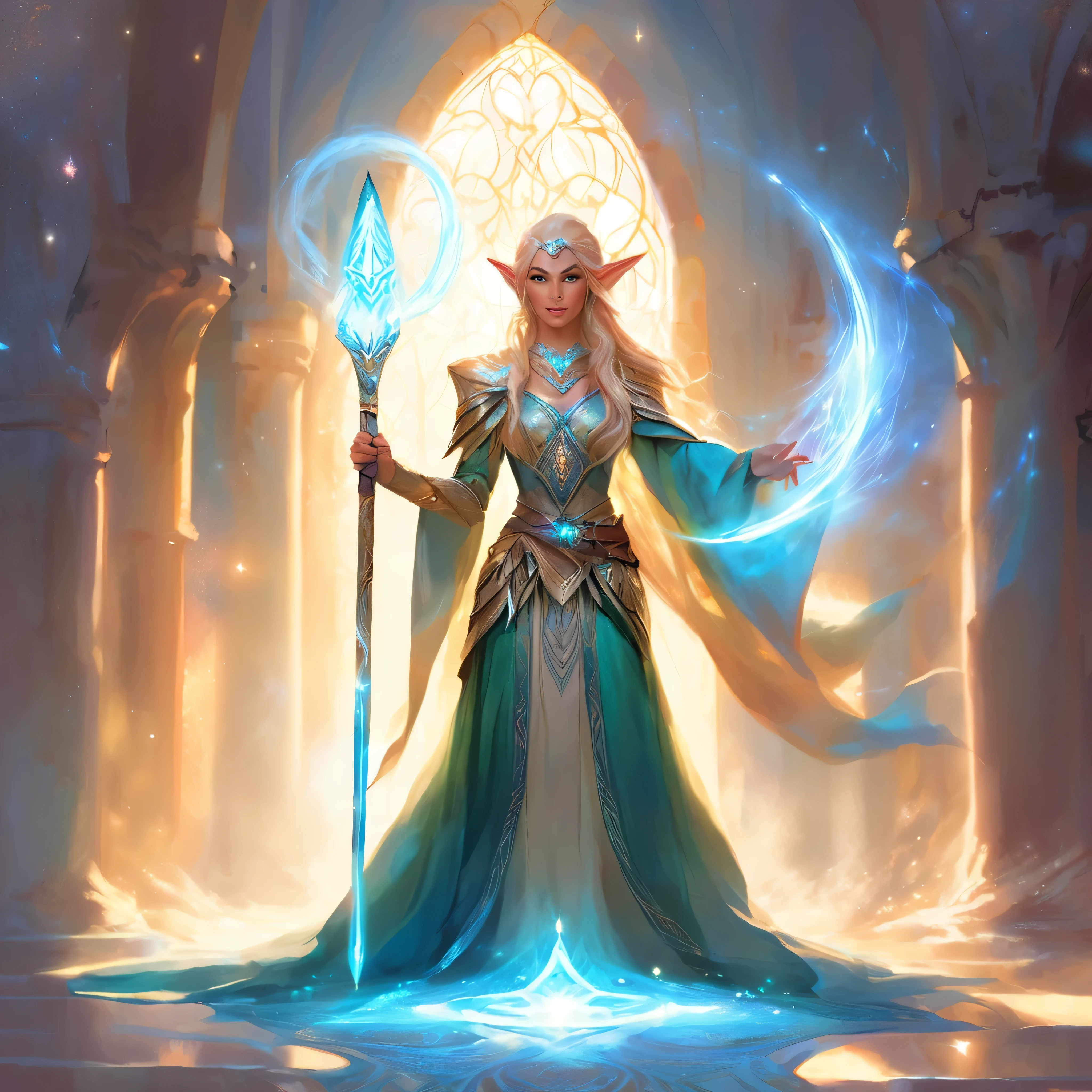 ethereal fantasy concept art of a brave elf dnd wizardess . magnificent, celestial, ethereal, painterly, epic, majestic, magical, fantasy art, cover art, dreamy, full body shot, staff in right hand, surrounded by runes of light
