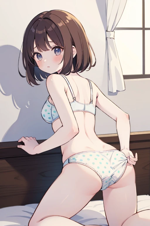 adjusting clothes (masterpiece, top quality, best quality), (splash art), young girl bedroom, , modern, super detailed bedroom, cute bed, sexy, (girl on bed), leaning on wall, in underwear, (white cute bra, cute polka dots panties), (shy, slight blush), big ass,spread legs,soft light, soft skin, pale skin, brown hair