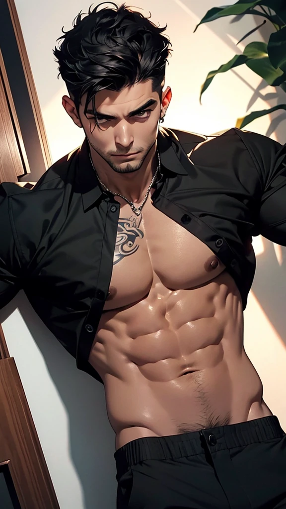 a muscular handsome man, black shirt, open buttons showcasing chest and abs, black pants, looking at viewer romantically, fair skin, black short hair, light facial hair, chest hair, sexy expression, tattoos on chest,