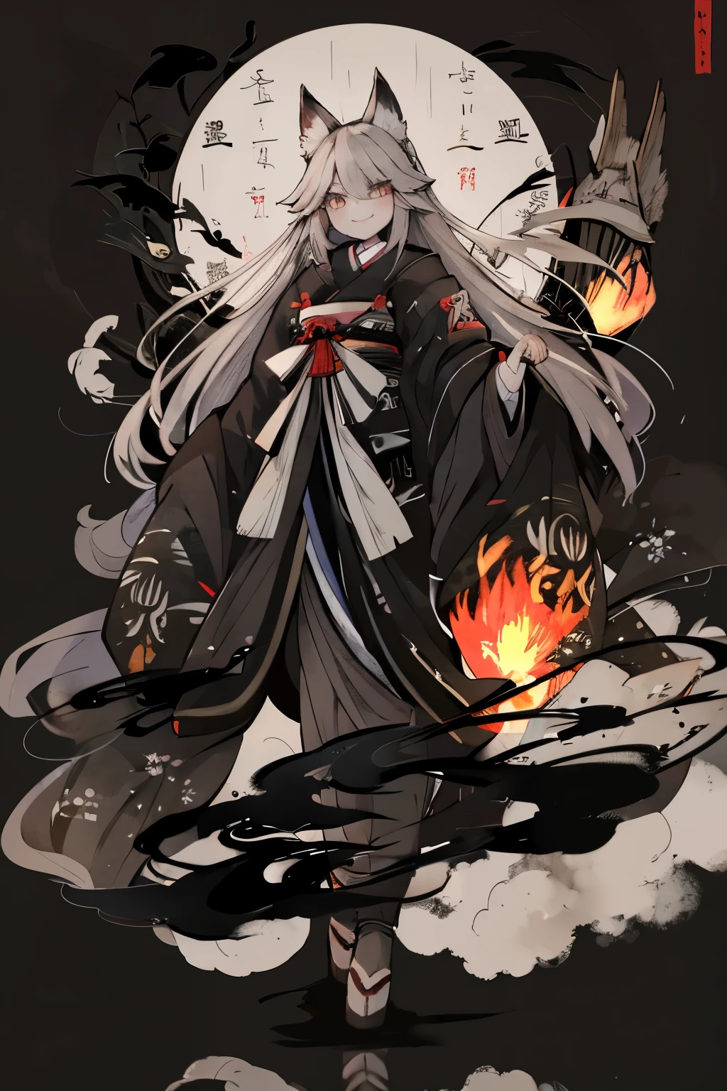 (Highest quality:1.2)。Nocturnal ghosts。One Woman。Beautiful woman。Grey longhair。gray wolf ears。The tail of a gray wolf。A dark gray kimono。Black Hakama。A samurai's sword。Warlike smile。A toothy grin。He walks towards me with his shoulders hunched。The background is a burning flame。