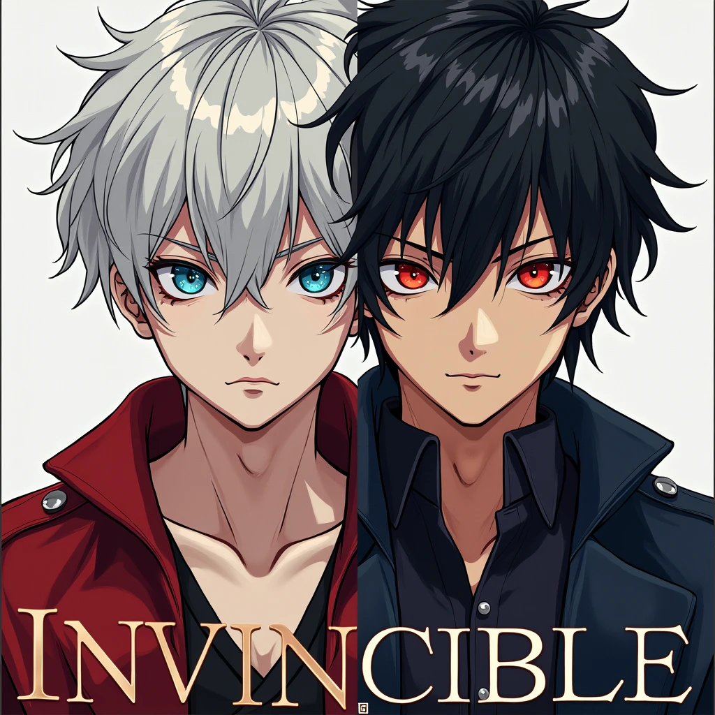 Une couverture de livre avec un homme aux cheveux blancs et aux yeux bleus, un homme aux cheveux noirs et aux yeux rouges avec écrit Invincible 
