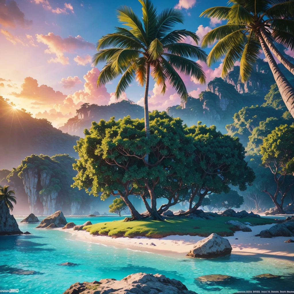 a beautiful fantasy island,tropical paradise island,lush green foliage,crystal clear turquoise waters,sandy white beaches,swaying palm trees,cloudy blue sky,stunning sunset colors,magical atmosphere,idyllic landscape,serene tranquil scene,exquisite picturesque scenery,(best quality,4k,8k,highres,masterpiece:1.2),ultra-detailed,(realistic,photorealistic,photo-realistic:1.37),vibrant colors,cinematic lighting,fantasy art style,dreamlike