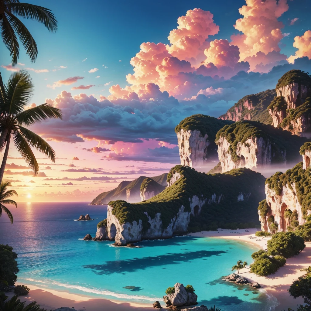 a beautiful fantasy island,tropical paradise island,lush green foliage,crystal clear turquoise waters,sandy white beaches,swaying palm trees,cloudy blue sky,stunning sunset colors,magical atmosphere,idyllic landscape,serene tranquil scene,exquisite picturesque scenery,(best quality,4k,8k,highres,masterpiece:1.2),ultra-detailed,(realistic,photorealistic,photo-realistic:1.37),vibrant colors,cinematic lighting,fantasy art style,dreamlike