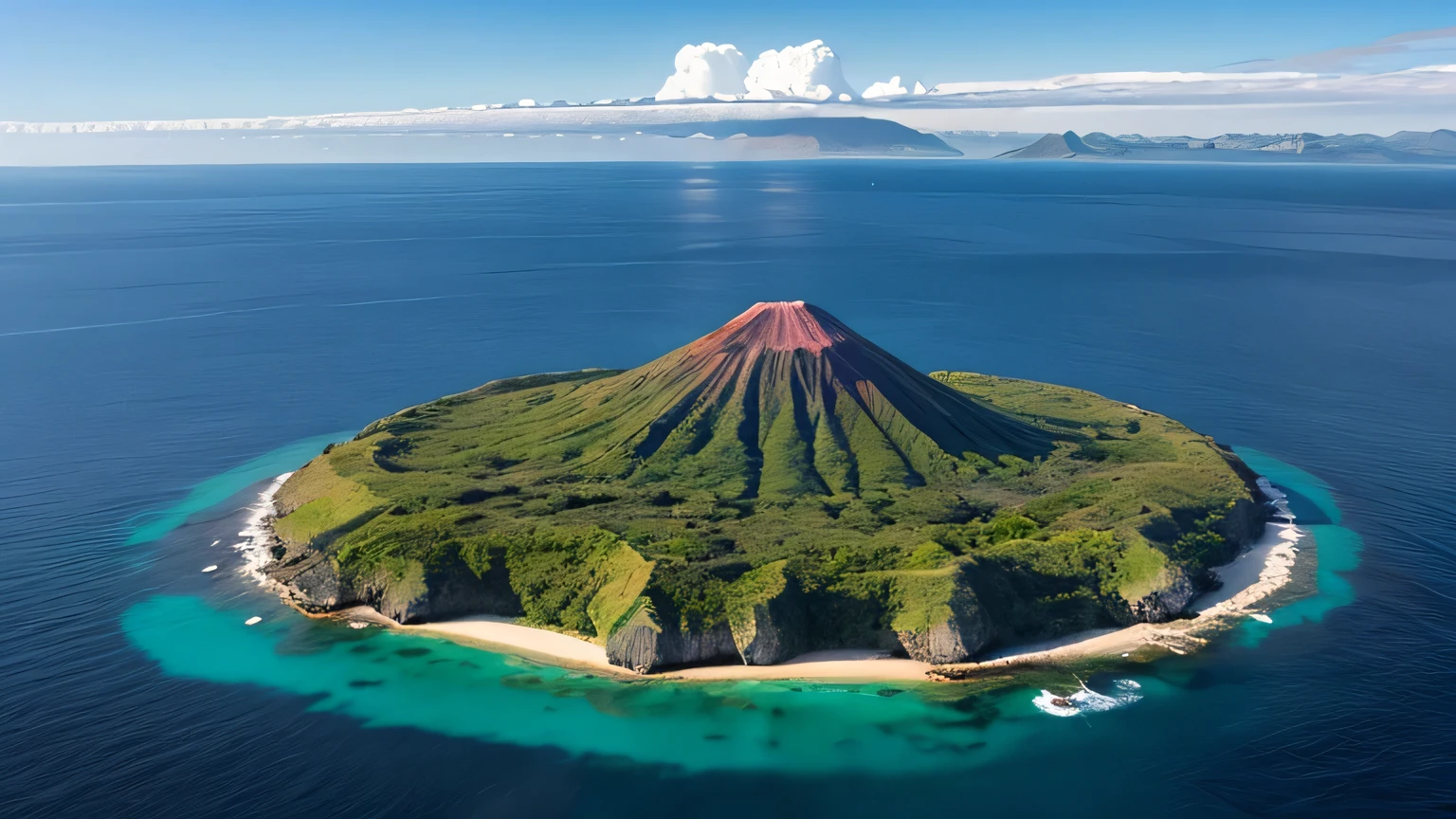 with meticulous details, A small island with a volcano in the center, ((Surrounded by the sea)), 1 island, Lots of water, masterpiece, Highest quality