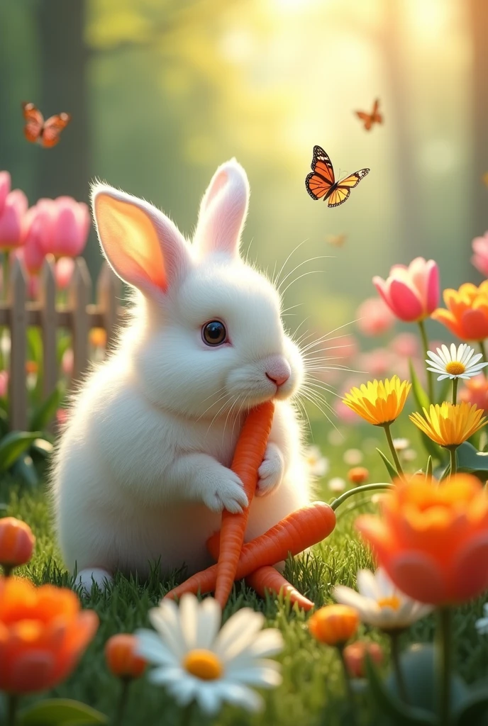 A rabbit setting on the flowers garden and eating carrots 
