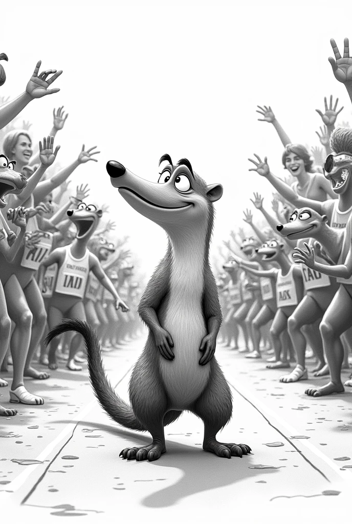 black and white anteater drawing competing happy 
in an athletics race


