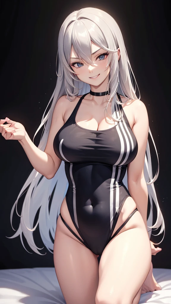 Erotic, Big Breasts, Bare shoulders, Shiny, Low-cut black one-piece swimsuit, Fascinating, Fascinating, Black background, evil, darkness, Hollow Eyes, smile, Dark bedroom