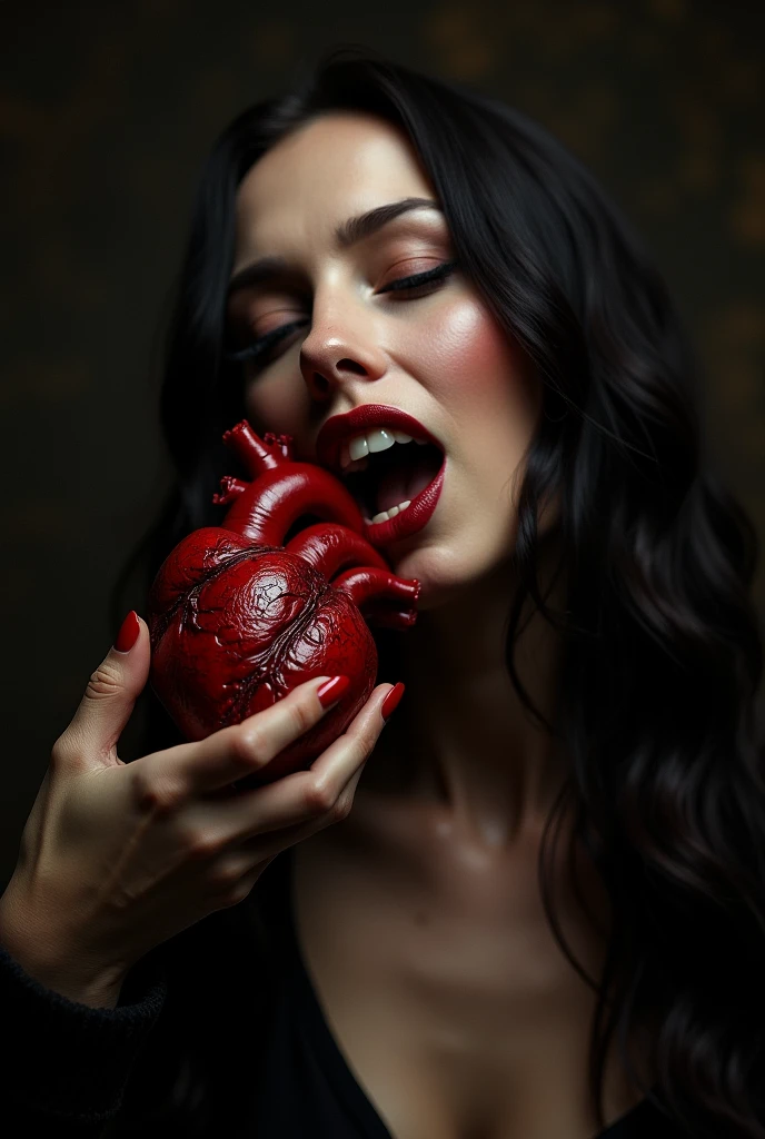 Create a hyper-realistic and darkly dramatic image inspired by the intense style of Caravaggio. The scene depicts a beautiful woman holding a lifelike, bleeding human heart with one hand, bringing it to her lips as she takes a bite. Her expression is a mix of desire and intensity, with blood dripping from the heart and smearing her vivid red lips. The blood cascades down her chin, adding to the visceral impact of the image. Her skin is illuminated by a single light source from above, casting deep, dramatic shadows that enhance the details of her face and the heart. The background is dark and mysterious, with subtle, shadowy elements that add depth without distracting from the central focus. The lighting and composition evoke a sense of raw, almost forbidden beauty, creating a powerful and unsettling atmosphere.