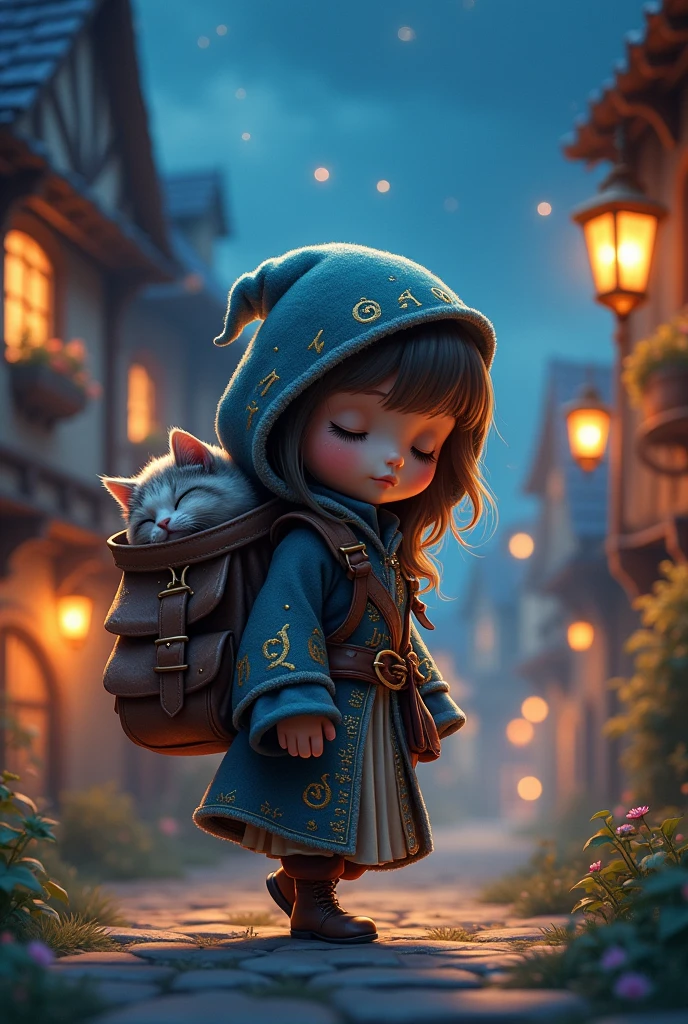 masterpiece、top-quality、ultra-detailliert、(Chibi Chara Thief:1.2)、medieval thief-sorceress、medieval full backpack cat sleeping on top、Full-body standing figure、Walking on tiptoe, medieval fantastic style